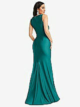 Rear View Thumbnail - Peacock Teal Square Neck Stretch Satin Mermaid Dress with Slight Train