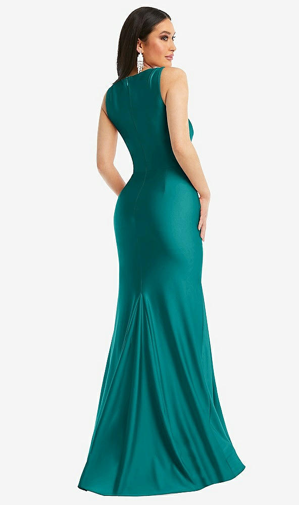 Back View - Peacock Teal Square Neck Stretch Satin Mermaid Dress with Slight Train