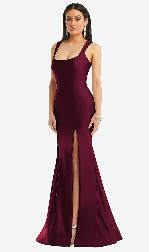 Front View - Cabernet Square Neck Stretch Satin Mermaid Dress with Slight Train