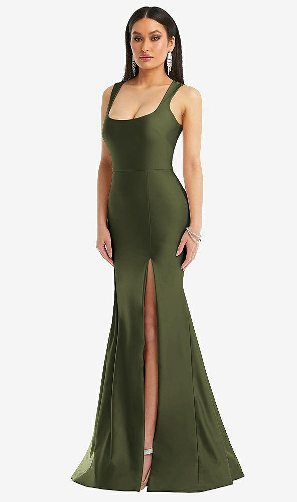 Front View - Olive Green Square Neck Stretch Satin Mermaid Dress with Slight Train