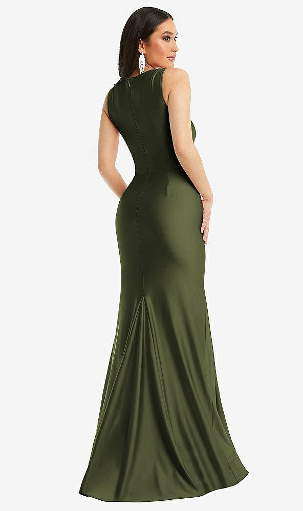 Back View - Olive Green Square Neck Stretch Satin Mermaid Dress with Slight Train