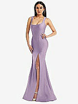 Alt View 1 Thumbnail - Pale Purple Square Neck Stretch Satin Mermaid Dress with Slight Train