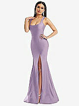 Alt View 2 Thumbnail - Pale Purple Square Neck Stretch Satin Mermaid Dress with Slight Train