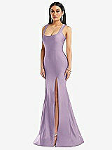 Front View Thumbnail - Pale Purple Square Neck Stretch Satin Mermaid Dress with Slight Train