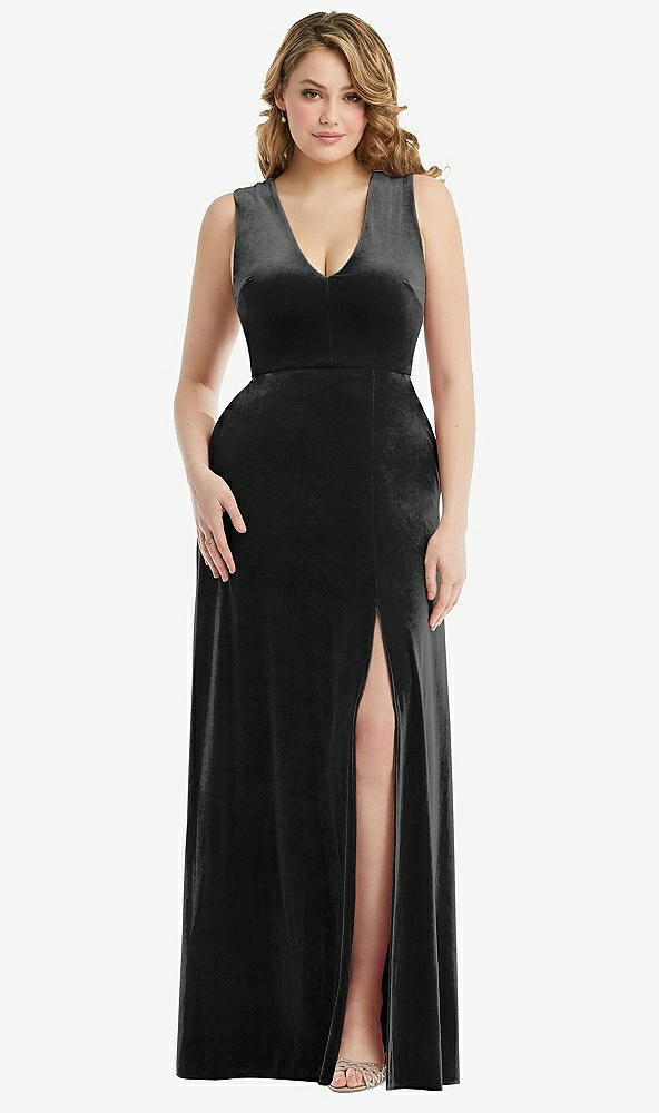 Front View - Black Deep V-Neck Sleeveless Velvet Maxi Dress with Pockets