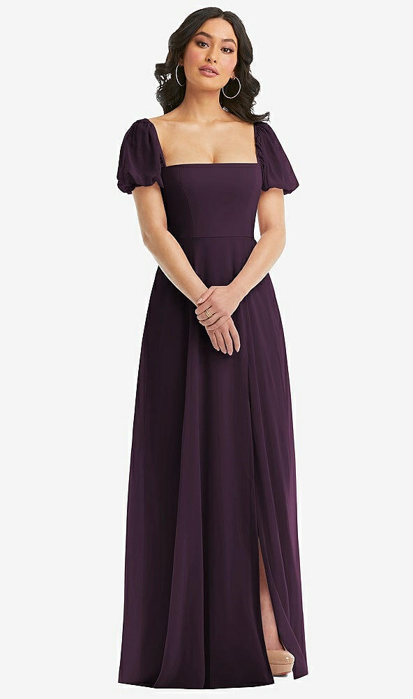 Front View - Aubergine Puff Sleeve Chiffon Maxi Dress with Front Slit