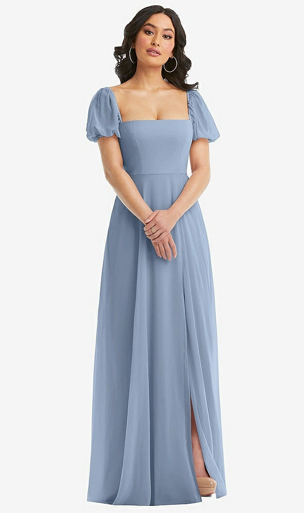 Front View - Cloudy Puff Sleeve Chiffon Maxi Dress with Front Slit