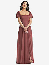 Front View Thumbnail - English Rose Puff Sleeve Chiffon Maxi Dress with Front Slit