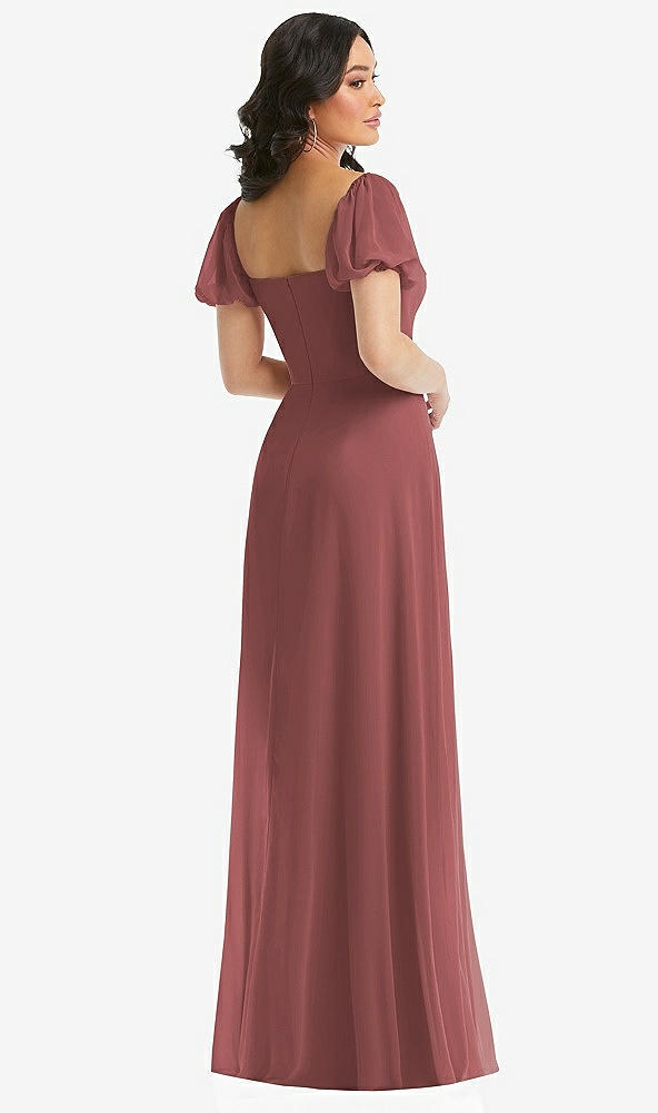 Back View - English Rose Puff Sleeve Chiffon Maxi Dress with Front Slit