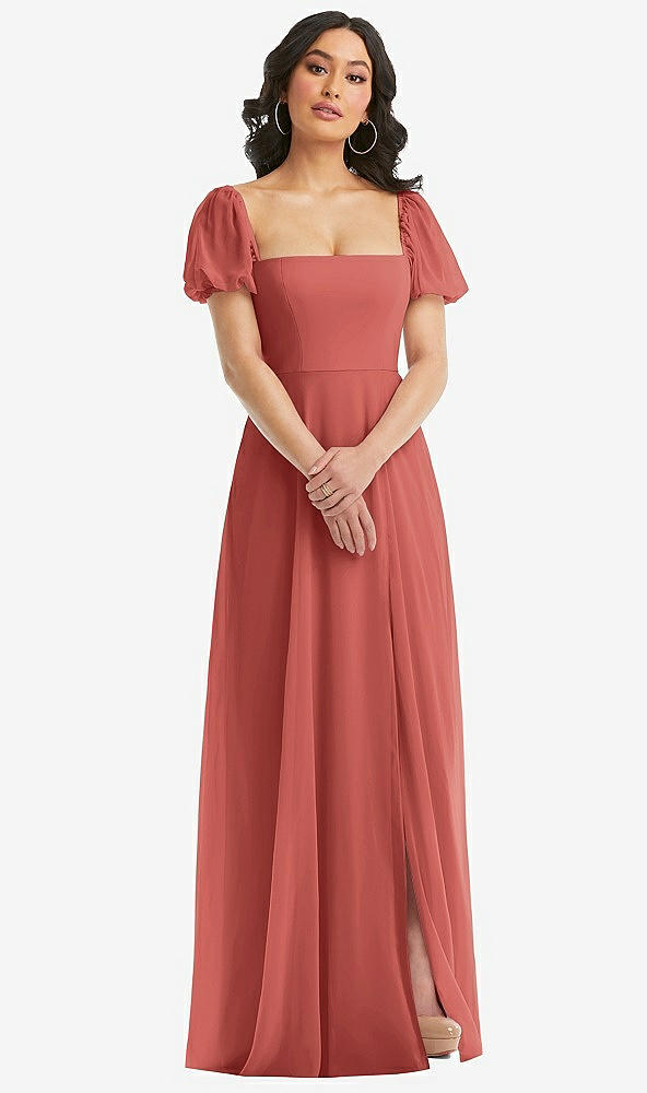 Front View - Coral Pink Puff Sleeve Chiffon Maxi Dress with Front Slit