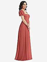 Side View Thumbnail - Coral Pink Puff Sleeve Chiffon Maxi Dress with Front Slit