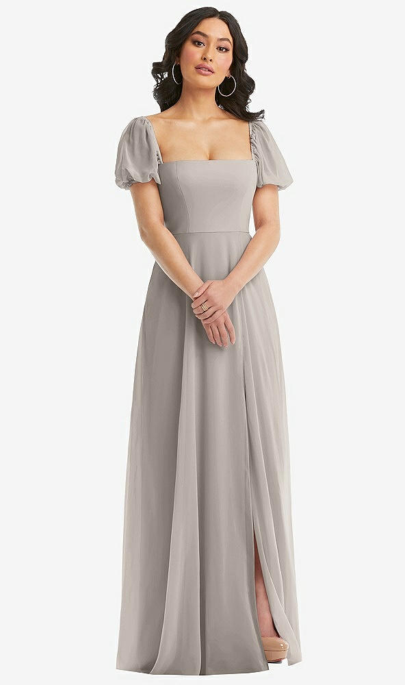 Front View - Taupe Puff Sleeve Chiffon Maxi Dress with Front Slit