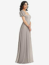 Side View Thumbnail - Taupe Puff Sleeve Chiffon Maxi Dress with Front Slit