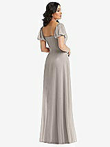 Rear View Thumbnail - Taupe Puff Sleeve Chiffon Maxi Dress with Front Slit