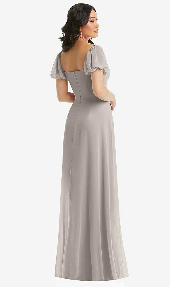 Back View - Taupe Puff Sleeve Chiffon Maxi Dress with Front Slit