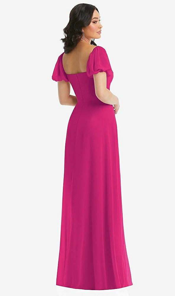 Back View - Think Pink Puff Sleeve Chiffon Maxi Dress with Front Slit