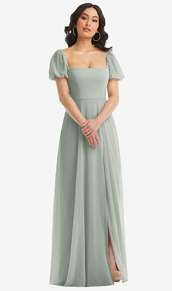 Front View - Willow Green Puff Sleeve Chiffon Maxi Dress with Front Slit