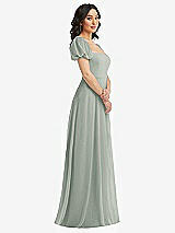 Side View Thumbnail - Willow Green Puff Sleeve Chiffon Maxi Dress with Front Slit