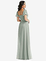 Rear View Thumbnail - Willow Green Puff Sleeve Chiffon Maxi Dress with Front Slit