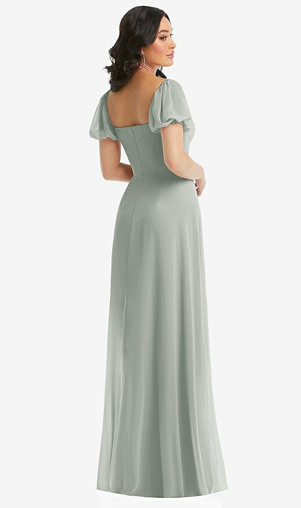 Back View - Willow Green Puff Sleeve Chiffon Maxi Dress with Front Slit