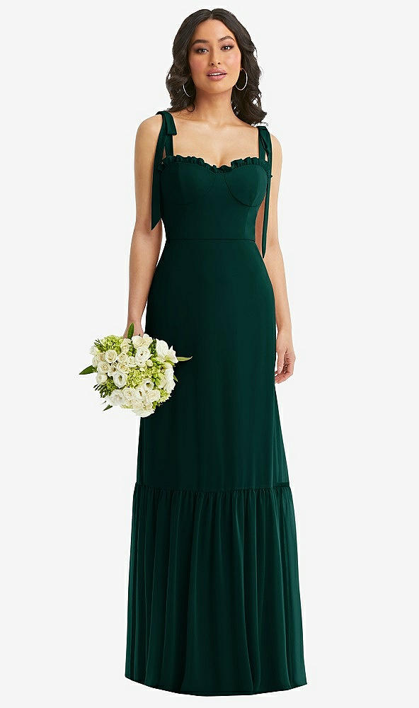 Front View - Evergreen Tie-Shoulder Corset Bodice Ruffle-Hem Maxi Dress
