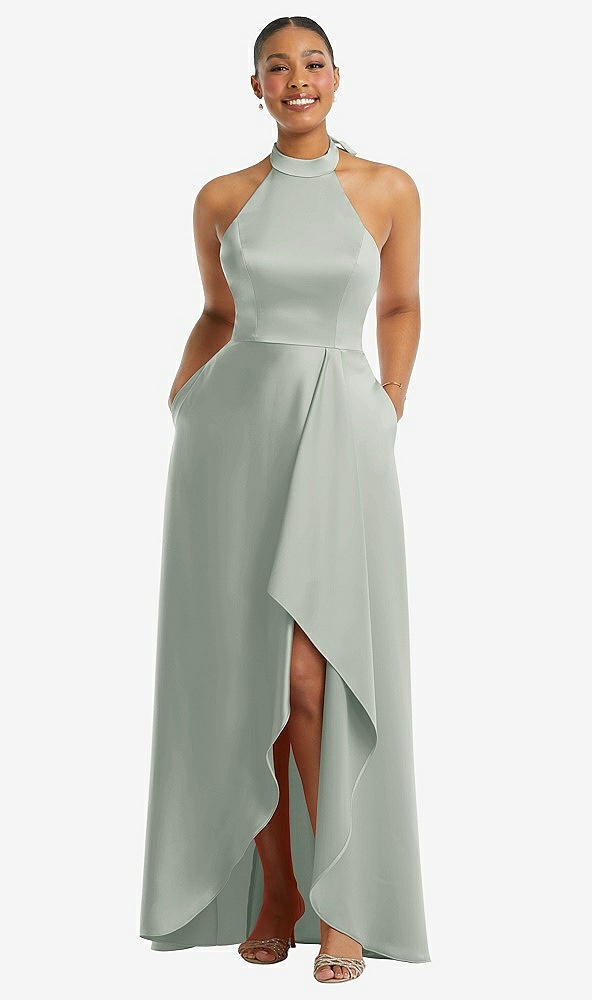 Front View - Willow Green High-Neck Tie-Back Halter Cascading High Low Maxi Dress