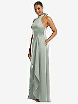 Side View Thumbnail - Willow Green High-Neck Tie-Back Halter Cascading High Low Maxi Dress