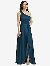 Front View Thumbnail - Atlantic Blue One-Shoulder High Low Maxi Dress with Pockets