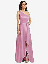 Front View Thumbnail - Powder Pink One-Shoulder High Low Maxi Dress with Pockets