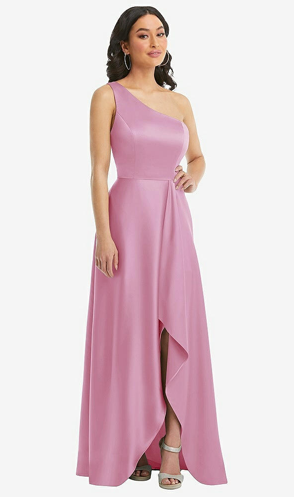Front View - Powder Pink One-Shoulder High Low Maxi Dress with Pockets