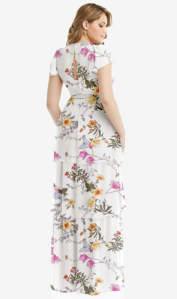 Back View - Butterfly Botanica Ivory Flutter Sleeve Jewel Neck Chiffon Maxi Dress with Tiered Ruffle Skirt