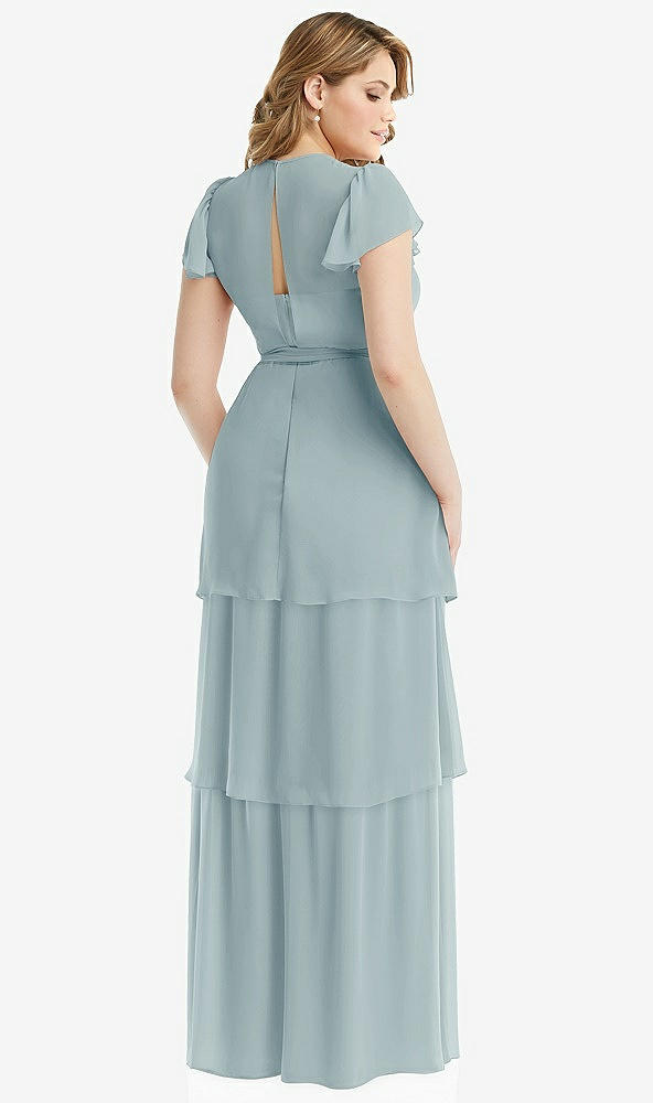 Back View - Morning Sky Flutter Sleeve Jewel Neck Chiffon Maxi Dress with Tiered Ruffle Skirt