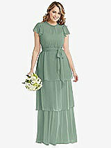 Front View Thumbnail - Seagrass Flutter Sleeve Jewel Neck Chiffon Maxi Dress with Tiered Ruffle Skirt
