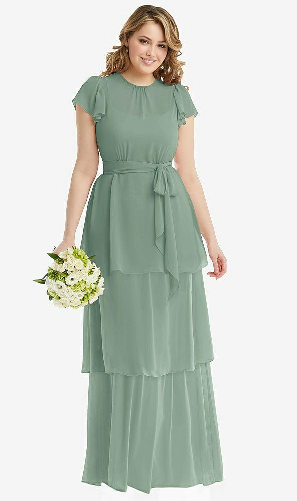Front View - Seagrass Flutter Sleeve Jewel Neck Chiffon Maxi Dress with Tiered Ruffle Skirt