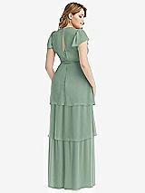 Rear View Thumbnail - Seagrass Flutter Sleeve Jewel Neck Chiffon Maxi Dress with Tiered Ruffle Skirt