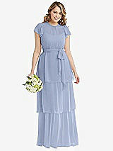 Front View Thumbnail - Sky Blue Flutter Sleeve Jewel Neck Chiffon Maxi Dress with Tiered Ruffle Skirt