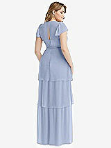 Rear View Thumbnail - Sky Blue Flutter Sleeve Jewel Neck Chiffon Maxi Dress with Tiered Ruffle Skirt