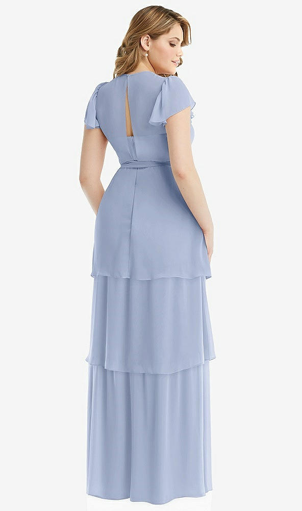 Back View - Sky Blue Flutter Sleeve Jewel Neck Chiffon Maxi Dress with Tiered Ruffle Skirt