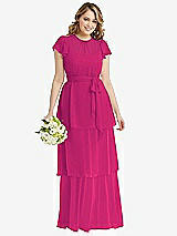 Front View Thumbnail - Think Pink Flutter Sleeve Jewel Neck Chiffon Maxi Dress with Tiered Ruffle Skirt