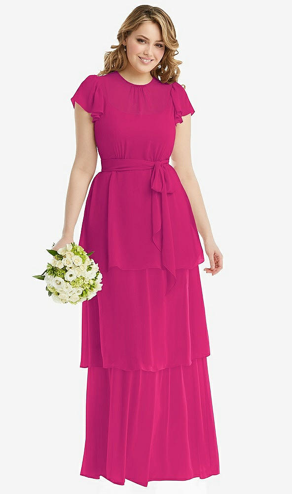 Front View - Think Pink Flutter Sleeve Jewel Neck Chiffon Maxi Dress with Tiered Ruffle Skirt