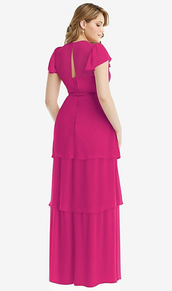 Back View - Think Pink Flutter Sleeve Jewel Neck Chiffon Maxi Dress with Tiered Ruffle Skirt
