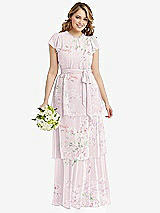Front View Thumbnail - Watercolor Print Flutter Sleeve Jewel Neck Chiffon Maxi Dress with Tiered Ruffle Skirt