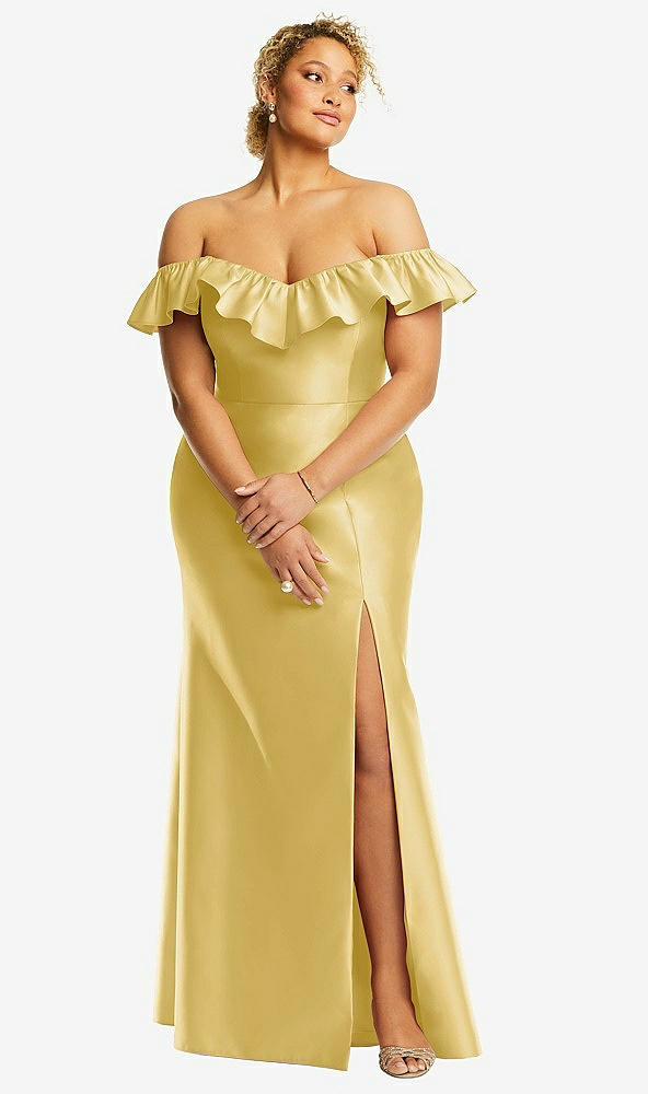 Front View - Maize Off-the-Shoulder Ruffle Neck Satin Trumpet Gown