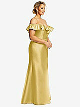 Side View Thumbnail - Maize Off-the-Shoulder Ruffle Neck Satin Trumpet Gown