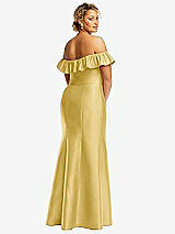 Rear View Thumbnail - Maize Off-the-Shoulder Ruffle Neck Satin Trumpet Gown