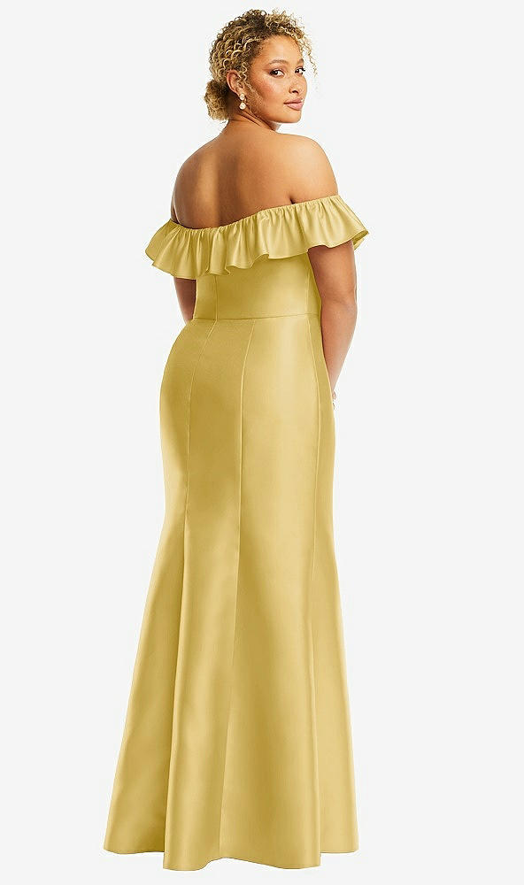 Back View - Maize Off-the-Shoulder Ruffle Neck Satin Trumpet Gown
