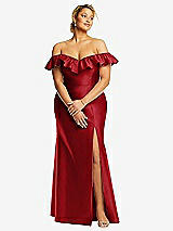 Front View Thumbnail - Garnet Off-the-Shoulder Ruffle Neck Satin Trumpet Gown