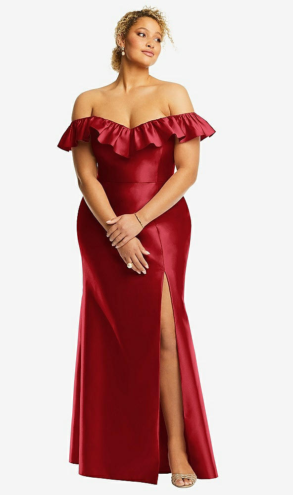 Front View - Garnet Off-the-Shoulder Ruffle Neck Satin Trumpet Gown