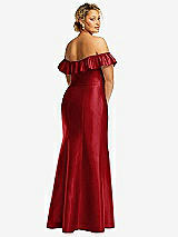Rear View Thumbnail - Garnet Off-the-Shoulder Ruffle Neck Satin Trumpet Gown