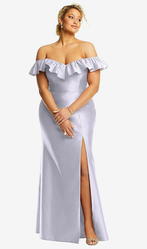 Front View - Silver Dove Off-the-Shoulder Ruffle Neck Satin Trumpet Gown